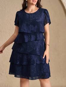 Reflora Vestido de verano elegante de talla grande con unicolor y capas con recortes - Azul - Ver 1