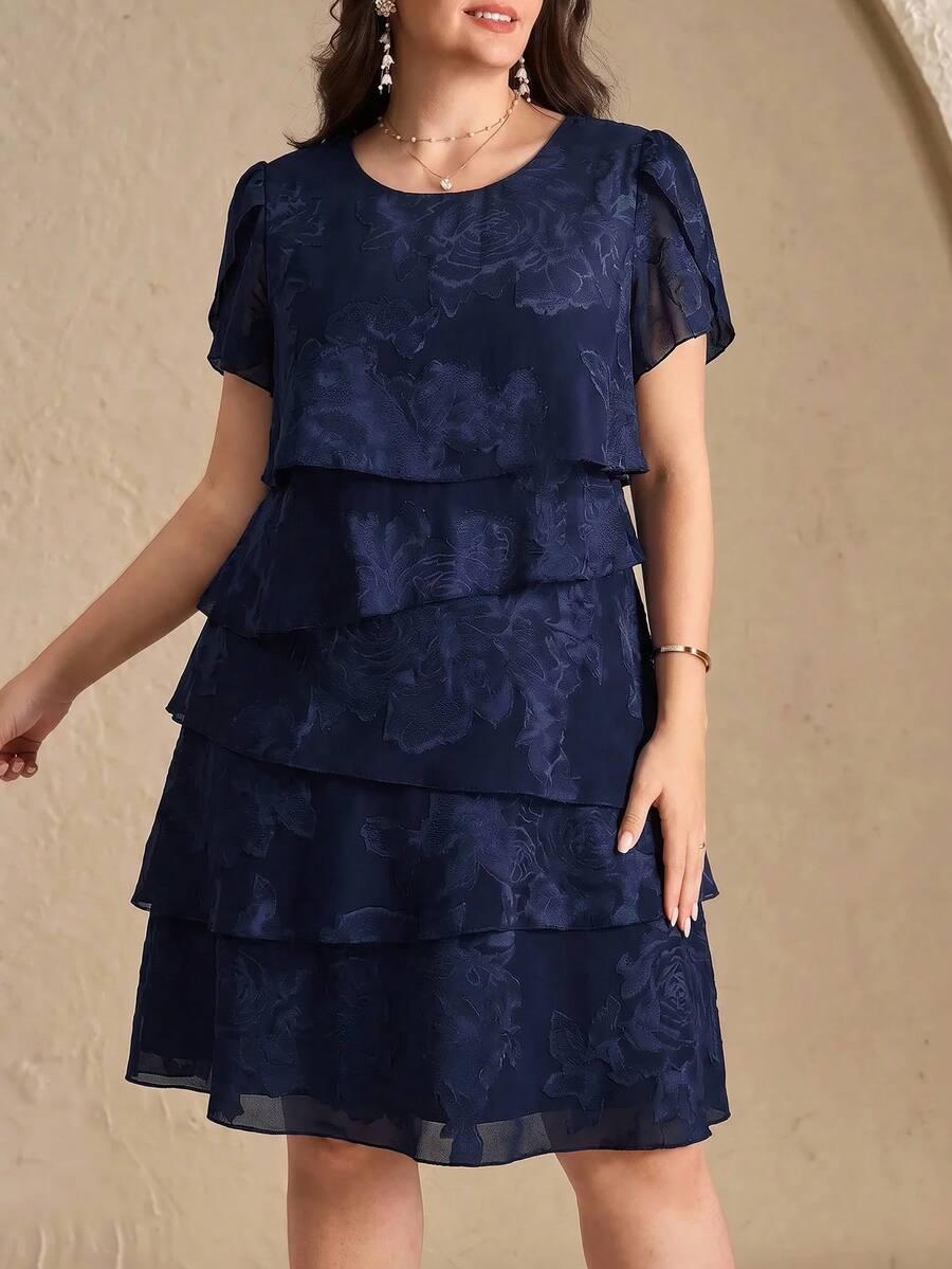 Reflora Vestido de verano elegante de talla grande con unicolor y capas con recortes - Azul - Ver 1