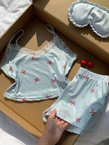 Comfortcana Lace Patchwork Striped Bow Print Camisole & Shorts Women Pajama Set - Multicolor - View 8