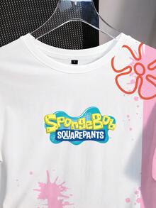 SpongeBob SquarePants | SHEIN 女款卡通印花圓領短袖休閒T恤 - 白色 - 查看 4