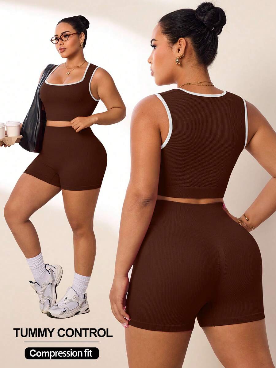 SHEIN Unity 2pcs Women's Plus Size Sports Set Ribbed Seamless U-Neck Tank Top And Shorts 2-Piece Set Yoga Outfit High Waist High Elasticity 3/4 Length Shorts - Mocha Brown - View 1