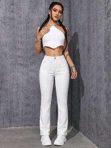 SHEIN ICON 女款休閒百搭喇叭褲牛仔褲，附口袋 - 白色 - 查看 7
