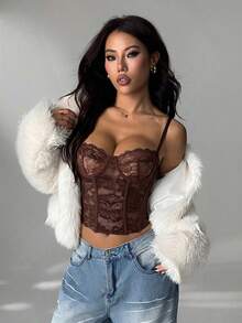 SHEIN PETITE 咖啡棕色蕾絲透視細肩帶上衣，時尚夜店風夏季女款束腰上衣，適合派對約會之夜，小碼女款 - 棕色 - 查看 6