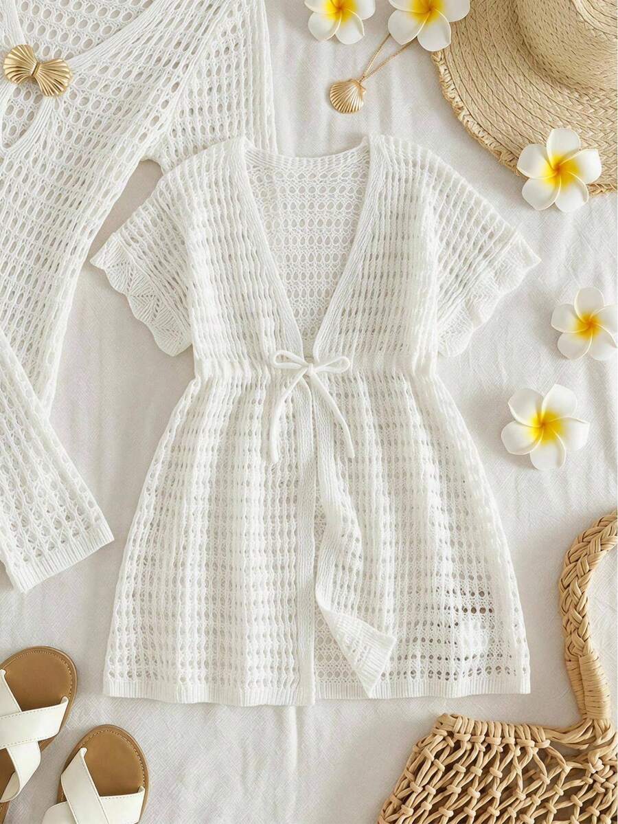 SHEIN Baju Penutup Rajut Polos Berlubang untuk Anak Perempuan, Kasual untuk Liburan - Putih - View 1