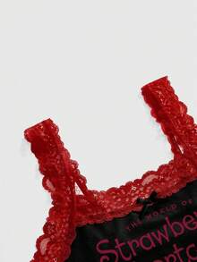 Strawberry Shortcake | ROMWE Cute Strawberry Collaboration Lace Patchwork Polka Dot Bow Non-Wired Women's Lingerie Set - Black - View 3