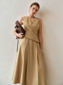 MOTF PREMIUM Vestido midi sin mangas de unicolor para ir al trabajo para mujer - Caqui - Ver 6