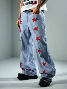 ROMWE MEN Street Life Men's Star Pattern Button Zipper Low Waist Straight Leg Jeans - Blue - View 1
