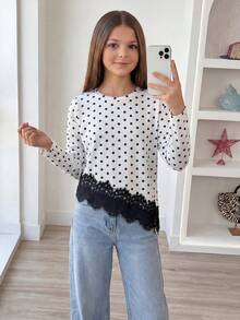 SHEIN Tween Girl Autumn Tops White And Black Polka Dot Print Contrast Lace Asymmetric Hem T-Shirt, Holiday Outfits, Casual Cute Elegant, Comfortable School - Black and White - View 2