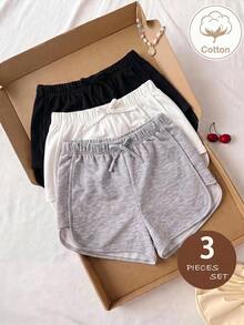 SHEIN Conjunto de 3 piezas de shorts casuales de punto de unicolor para niñas preadolescentes - Multicolor - Ver 5
