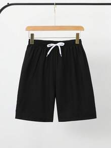 SHEIN 青少年男孩 2 合 1 雙層沙灘短褲泳褲，外層純黑色寬鬆快乾，配白色抽繩彈性腰帶，穿脫方便且不壓腹；內層高彈力貼身防走光內襯，黑色底綠色閃電/裂紋印花，充滿活力，適合度假、衝浪、游泳 - 彩色 - 查看 3