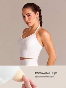 GLOWMODE FeatherFit™ Breathable Lightweight Ruched Front Princess Seams Adjustable Halter Crop Tank Summer Yoga Pilates Gym - White - View 5