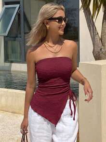 Joudiya Damen asymmetrische plissierte Bluse, Sommer Ausgehoberteil, Bandeau-Top - Bordeaux - Übersicht 11