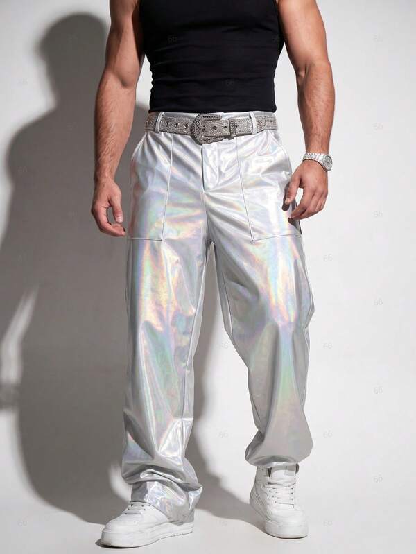 DSELFIQUE Manfinity Streetrush Men's Silver Niche Design Laser Shiny Loose Straight Leg Trousers, Y2k Reflective Harajuku Rave Disco Holographic Pants, Fall