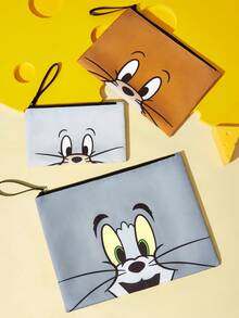 TOM & JERRY X SHEIN 1件/1套臉部印花聚酯纖維化妝包，多尺寸大容量旅行盥洗收納袋，可愛卡通收納袋，適合女性、青少年女孩與粉絲，完美適用於日常旅行與化妝品收納 - 黃灰色 - 查看 2
