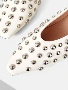 Mnmlis Women's Fashion Small Square Toe Rivet Empty Shoes - Beige - View 3