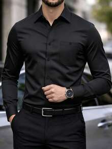 Manfinity Bizformal Men Solid Long Sleeve Stretch Wrinkle-Free Formal Shirt, Business Casual Button Down Black Dress Shirt, Fall, Ceremony - Black - View 3
