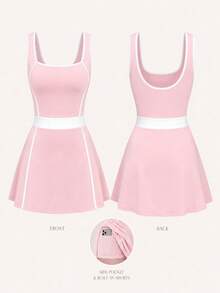 SHEIN Sports 1件淺粉色拼接女款運動洋裝，防走光，對比色，修身剪裁，適合跑步、健身、運動、瑜珈 - 淺粉色 - 查看 5