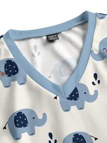PopScrub Casual Minimalist Scrub Uniform Top, Cute Elephant Print Pattern, Pet Hospital - Multicolor - View 4