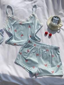 Comfortcana Lace Patchwork Striped Bow Print Camisole & Shorts Women Pajama Set - Multicolor - View 3
