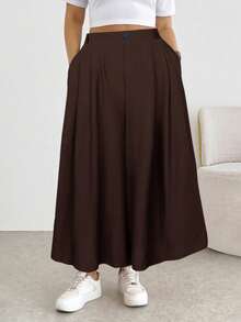 SHEIN Essnce Plus Size Women's Casual Elastic Waist Baggy Pants Chocolate Brown Textured Wide Leg Cropped Pants Formal Vacation Autumn - Brown - View 4