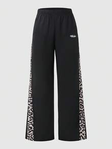 SHEIN Sparklyn 青少年街头时尚运动嘻哈撞色宽松大码裤 - 黑色 - 查看 5