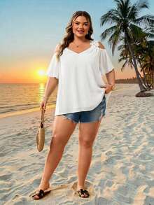 SHEIN CURVE+ 女款大尺碼夏季度假純色露肩休閒短袖襯衫 - 白色 - 查看 6