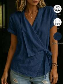 SHEIN Women's Blue Cross V-Neck Tie Front Blouse, Women's Vacation Shirt - Navy Blue - View 5