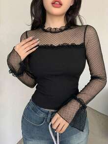 DAZY 女款黑色蕾絲飾邊拼接修身優雅通勤透視網紗短袖上衣，適合夏季與秋季，適用婚禮、宴會與派對 - 黑色 - 查看 2