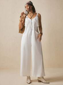 Levarali Women's Sleeveless Long Jumpsuit, Solid White With Tassels, Front Zipper, Straight Wide Leg Pants, Spring/Summer Elegant Cowboy Western Casual Boho - White - View 8