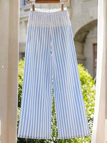 Selianne Fabric Contrast Lace Striped Elegant Chic Conservative Sexy Romantic Casual Minimalist Women's Long Pants Beach Vacation Blue White Striped Autumn - Blue and White - View 2
