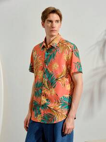 VeloEdit Loose Fit Tropical Print Shirt For Men, No Tee Long Sleeve - Orange - View 5
