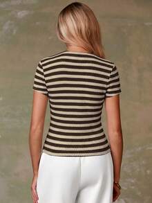 Athîral Women's Striped Short Sleeve Single-Breasted Casual Top - Coffee Brown - View 2