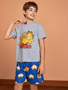 GARFIELD | SHEIN Tween男孩卡通短袖T恤和短褲睡衣套裝，夏季 - 灰色 - 查看 4