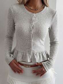 DAZY Women's Casual Ruffle Trim Round Neck Long Sleeve T-Shirt, Korean Style - Coffee Brown - View 14
