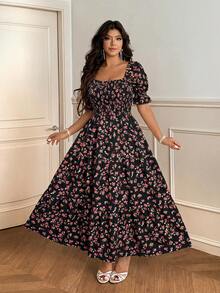 Vionelle Plus Size Spring/Summer Black Ditsy Floral Batwing Sleeve Dress Vacation Boho - Black - View 3