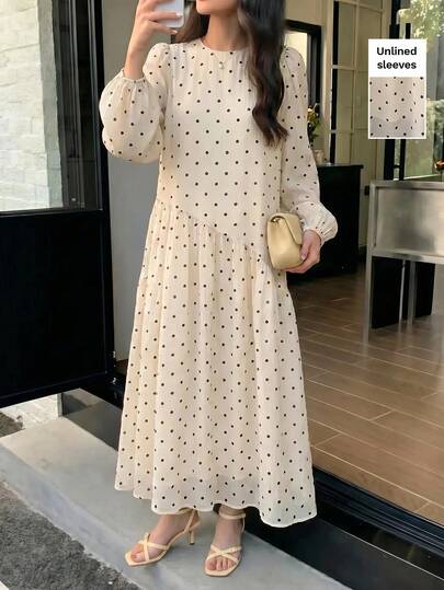 Solavon Women's Elegant Summer Casual/Vacation Dress – Versatile, Apricot, Textured Woven Fabric With Polka-Dot Print, Crew Neck, Long Sleeves