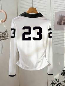 Resyla Black And White Color-Blocked Long-Sleeve Top With A Lapel, Los Angeles Print, Slim-Fit Ruched Polo - White - View 2