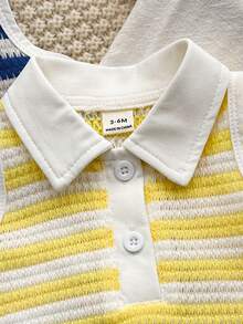 SHEIN Vintaside Kids 2件裝女嬰 Polo 領鈕扣式無袖針織提花黃藍條紋荷葉邊下擺背心洋裝，可愛休閒活力短洋裝，適合夏季日常穿著、居家、旅行與度假 - 彩色 - 查看 7