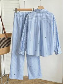 SHEIN 青少年女孩 2 件套，休閒街頭酷感條紋長袖上衣與長褲，春秋理想穿搭 - 藍色 - 查看 2