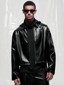 IRON GLYPH Men's Cropped Long Sleeve Leather Jacket Zip Ups Men Motorcycle Jackets Black Crop For Up Techwear Fall Winter - Black - View 1
