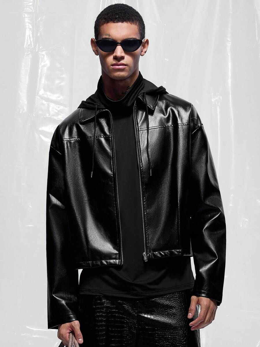 IRON GLYPH Men's Cropped Long Sleeve Leather Jacket Zip Ups Men Motorcycle Jackets Black Crop For Up Techwear Fall Winter - Black - View 1