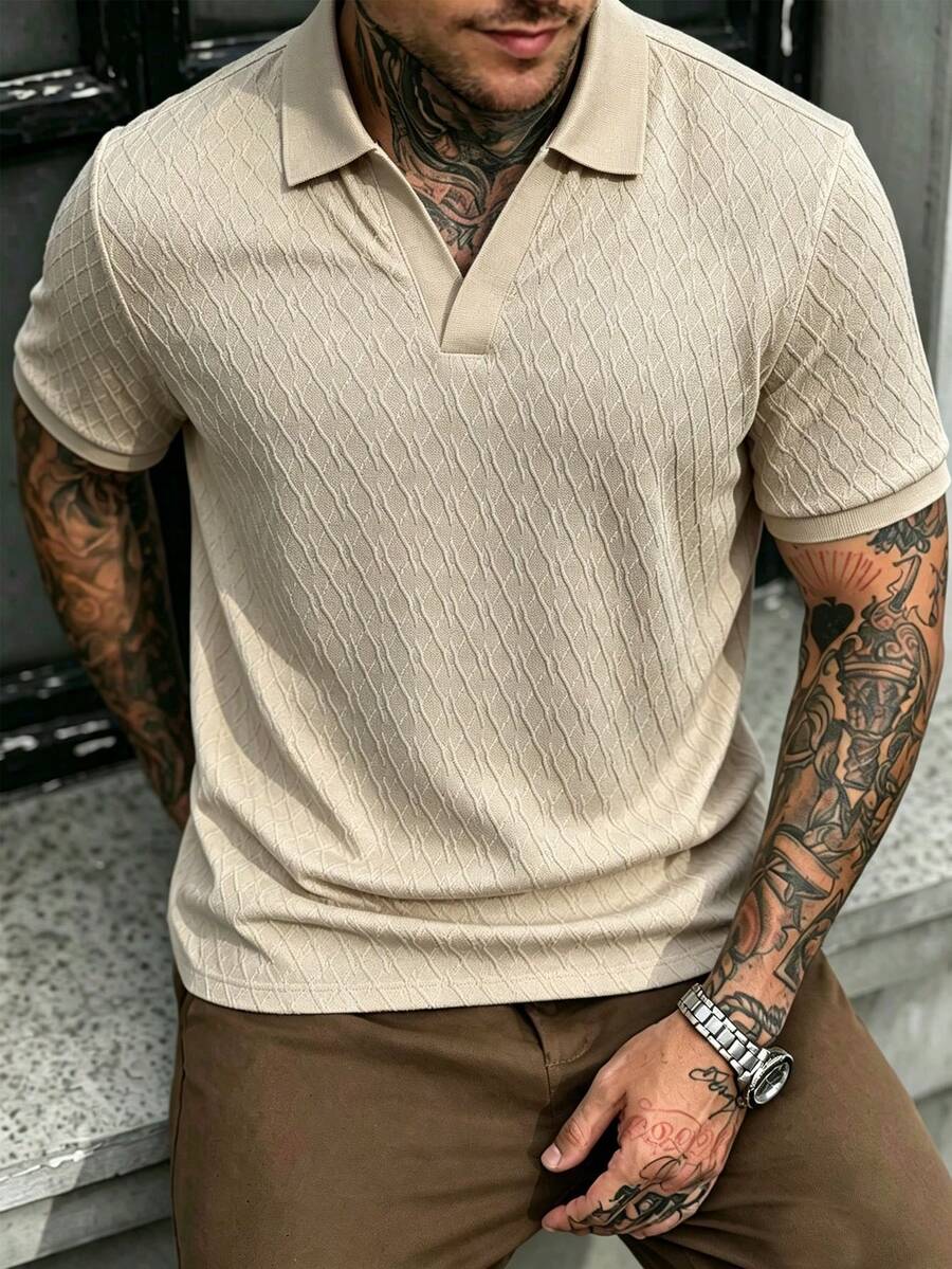Manfinity CasualCool 男士夏季休閒百搭純色短袖 Polo 衫,儀式場合適用 - 卡其色 - 查看 1