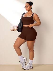 SHEIN Unity 2pcs Women's Plus Size Sports Set Ribbed Seamless U-Neck Tank Top And Shorts 2-Piece Set Yoga Outfit High Waist High Elasticity 3/4 Length Shorts - Mocha Brown - View 4