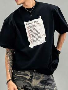 SHEIN Men's Letter Print Crew Neck Short Sleeve Casual Loose Fit T-Shirt - Black - View 1