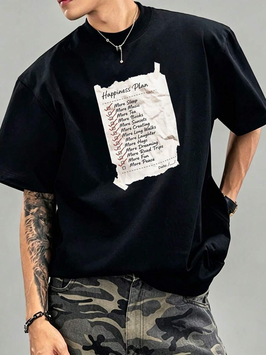 SHEIN Men's Letter Print Crew Neck Short Sleeve Casual Loose Fit T-Shirt - Black - View 1