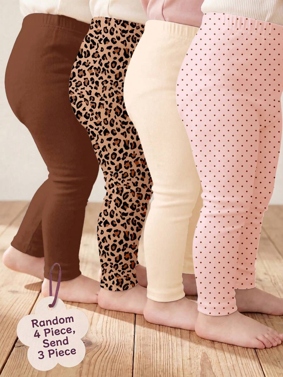 SHEIN 時尚極簡百搭系列,可愛豹紋、波點,女嬰可愛舒適休閒彈性內搭褲,適合四季日常穿著,適用於學校、外出、街頭、度假、野餐、農場、返校,春夏季 - 彩色 - 查看 1