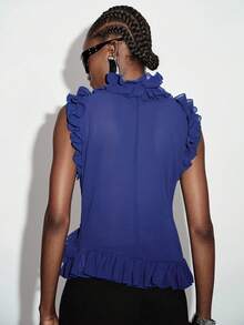 Aveloria GENKIRA Spring Summer European Style Solid Color Matte V-Neck Sleeveless Top With Asymmetric Ruffle Hem And Pleated Royal Blue Party Night Night Out Elegant - Blue - View 4
