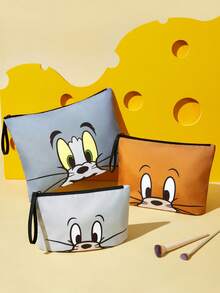 TOM & JERRY X SHEIN 1件/1套臉部印花聚酯纖維化妝包，多尺寸大容量旅行盥洗收納袋，可愛卡通收納袋，適合女性、青少年女孩與粉絲，完美適用於日常旅行與化妝品收納 - 黃灰色 - 查看 3