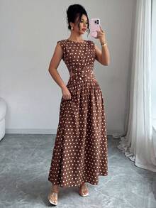 SHEIN Clasi 女款夏季優雅簡約圓領復古腰帶棕色與白色波點洋裝，適合辦公室、早午餐、茶會、海灘度假、音樂節 - 咖啡棕 - 查看 7