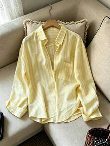 Franclia Women's Loose Casual Cotton Blend Yellow & White Striped Shirt - Multicolor - View 1